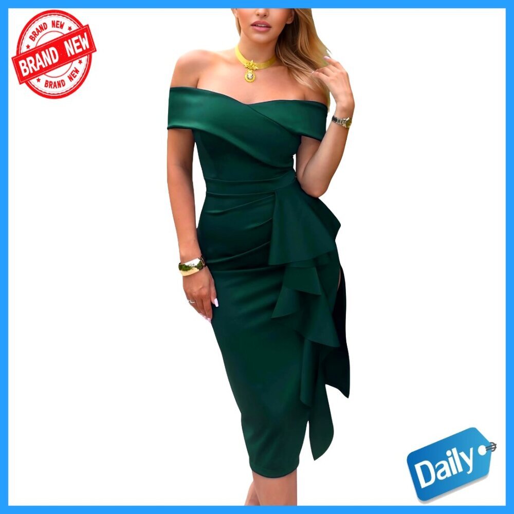 Off Shoulder Formal Evening Midi Dress Built-in Bra Bodycon Ruched Slit Elegant